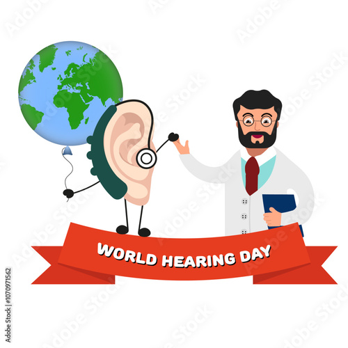 World Hearing Day poster ear with Hearing aids receiver device audiologist holding hand with doctor