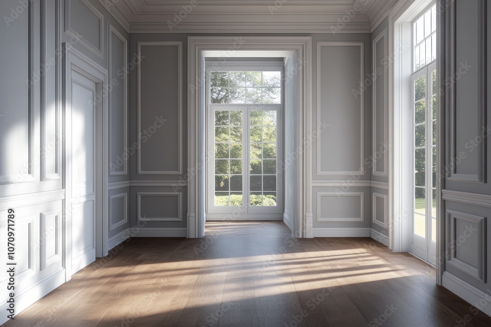 Bright, elegant room with large windows and classic moldings, showcasing natural light. Bright, elegant room with large windows and classic moldings, showcasing natural light.