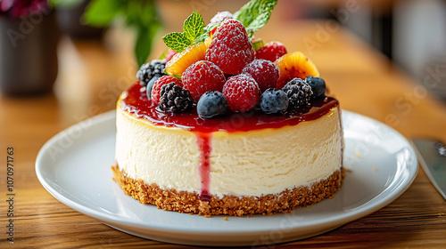 Wallpaper Mural Classic cheesecake with a fresh fruit topping, displayed on a white plate and a wooden table, ideal for a birthday or special event Torontodigital.ca