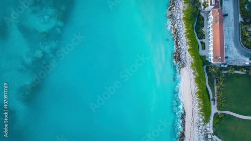 Aerial View of Coastal Beach Landscape with Blue Ocean and Building