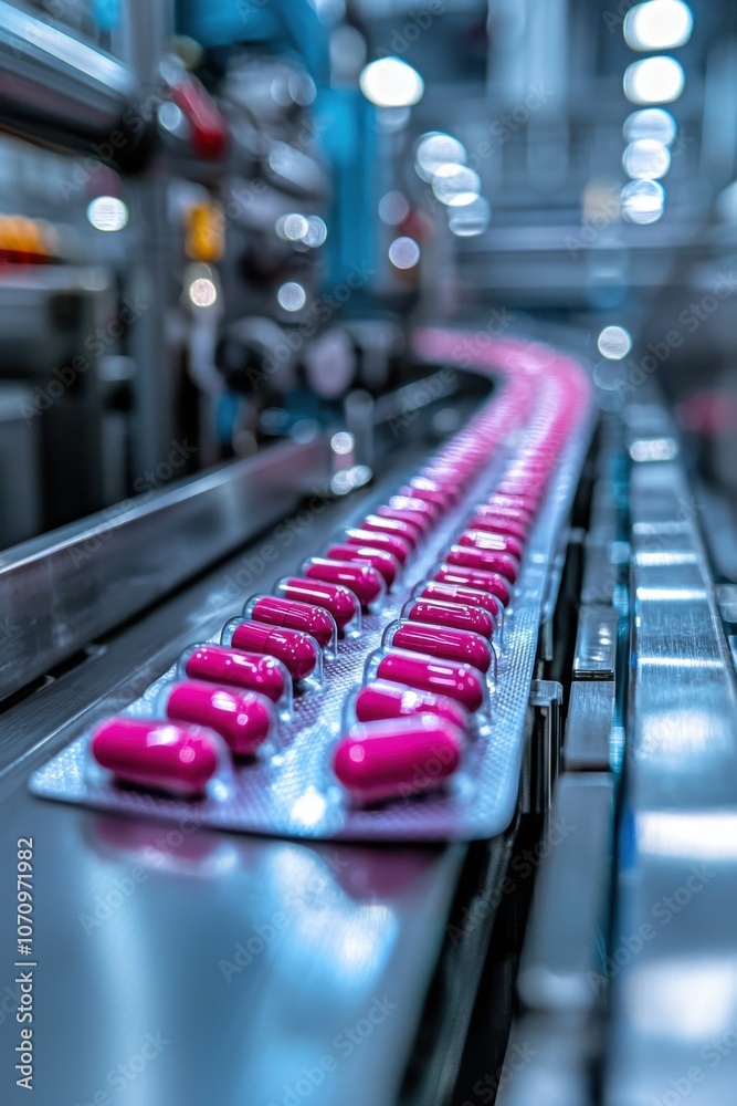 Close-up of pharmaceutical pills on automated packaging line Close-up of pharmaceutical pills on automated packaging line