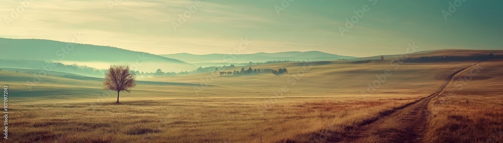 A serene landscape featuring a solitary tree amidst golden fields and distant hills under a soft sky. A serene landscape featuring a solitary tree amidst golden fields and distant hills under a soft sky.