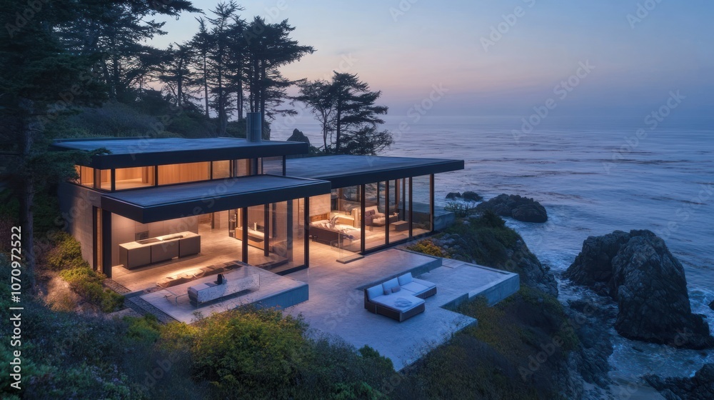 Modern cliffside home with panoramic ocean views at dusk. Modern cliffside home with panoramic ocean views at dusk.