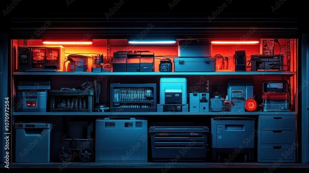 A dimly lit storage unit with various electronic devices on shelves.