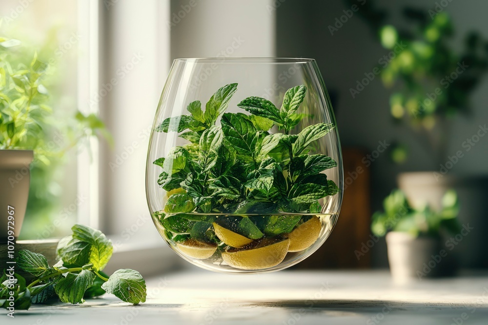 Suspended Glass Vase with Mint Leaves and Lemon Slices Suspended Glass Vase with Mint Leaves and Lemon Slices