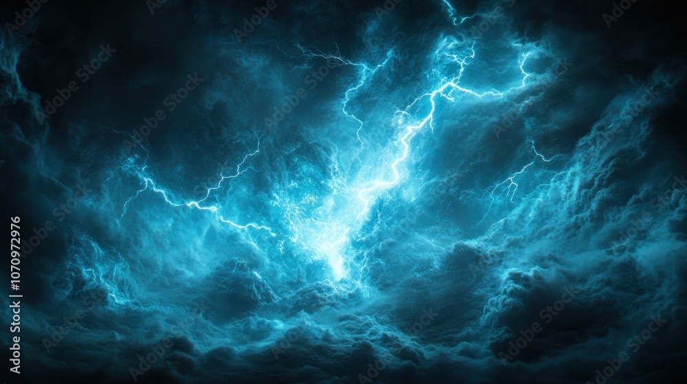 A dramatic blue lightning strike illuminates a dark, stormy sky. A dramatic blue lightning strike illuminates a dark, stormy sky.