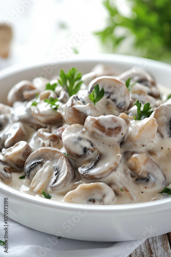 Creamy Mushrooms and Bacon stroganoff in cream sauce, photo for a recipe book photo