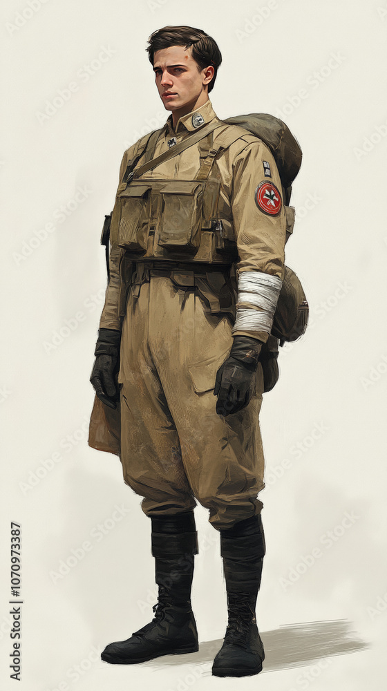 Concept art of a full-body character of a World War II German soldier, tall and tall, wearing a tan uniform, black boots, and a helmet. Concept art of a full-body character of a World War II German soldier, tall and tall, wearing a tan uniform, black boots, and a helmet.