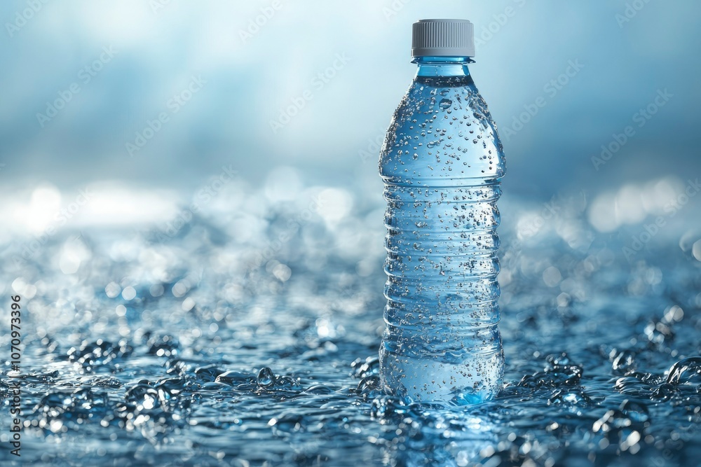 A Single Plastic Water Bottle Resting on Rippling Water with a Blue and White Background A Single Plastic Water Bottle Resting on Rippling Water with a Blue and White Background