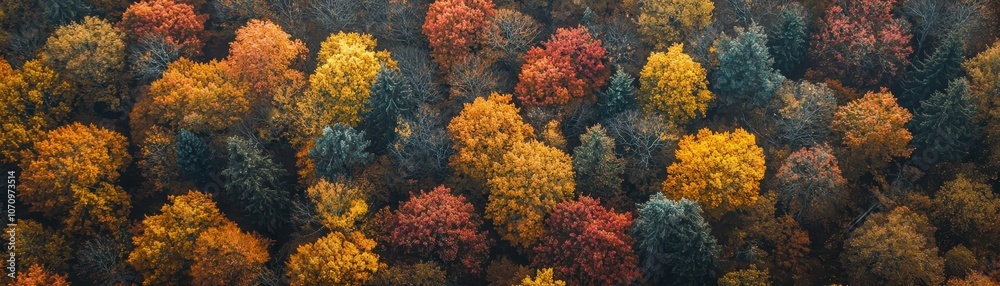 A vibrant aerial view of a dense forest showcasing an array of colorful autumn foliage, featuring shades of orange, yellow, and green. A vibrant aerial view of a dense forest showcasing an array of colorful autumn foliage, featuring shades of orange, yellow, and green.