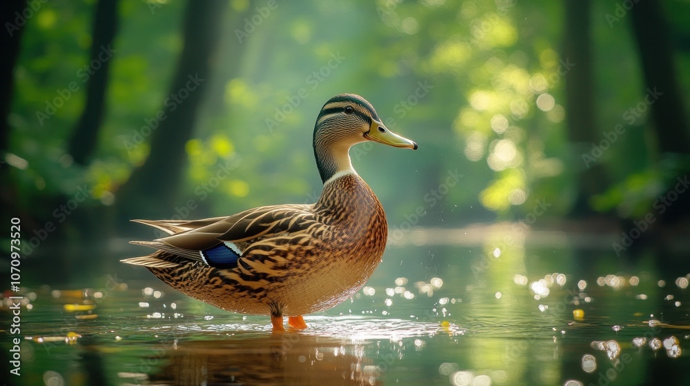 A duck standing in a forest stream, with sunlight shining through the trees. A duck standing in a forest stream, with sunlight shining through the trees.