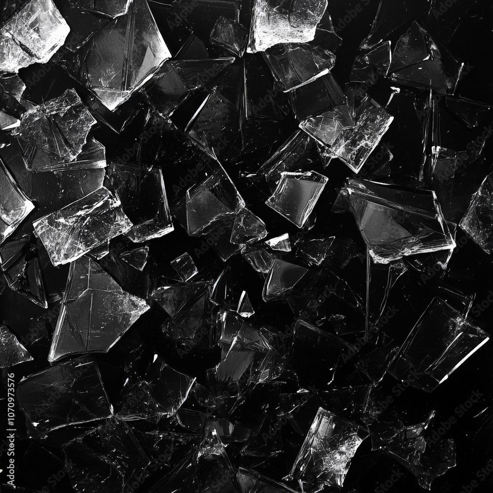 Broken glass shards, solid black background Broken glass shards, solid black background