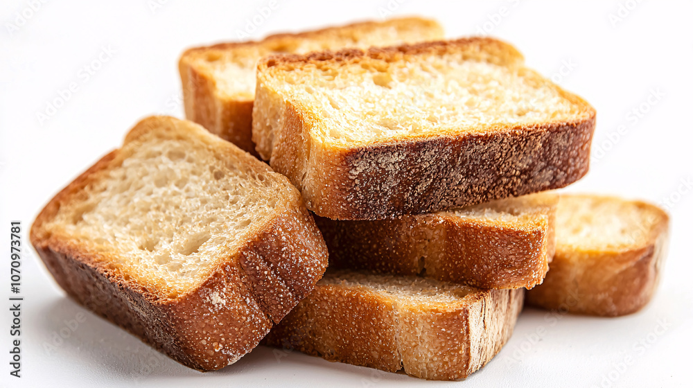Delicious homemade bread pieces with a crispy exterior, ideal for a gourmet breakfast or snack, placed on a clean white background Delicious homemade bread pieces with a crispy exterior, ideal for a gourmet breakfast or snack, placed on a clean white background