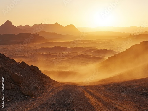 A serene desert landscape at sunset, showcasing mountains and a dusty road.