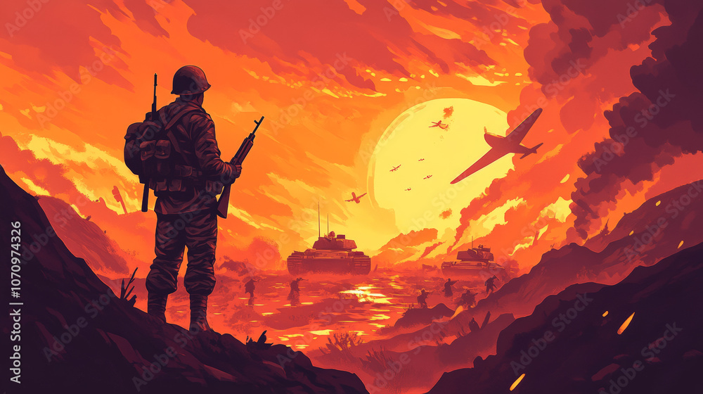 A world war two soldier holding his rifle, standing on a hill, looking at an intense battlefield between two armies, military tanks, soldiers, aircrafts, fire, world war two theme A world war two soldier holding his rifle, standing on a hill, looking at an intense battlefield between two armies, military tanks, soldiers, aircrafts, fire, world war two theme