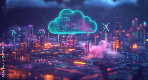 Futuristic cityscape with digital cloud and wind turbines