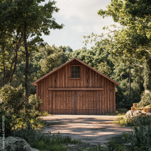 A wooden barn a large garage door, in the front. in an environment surrounded by trees and nature