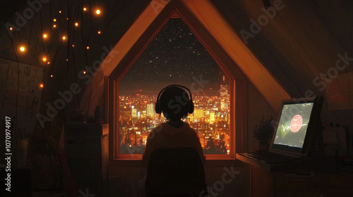 Anime-style image of a girl wearing headphones, sitting in an attic room and gazing out of a window at the vibrant night cityscape. 