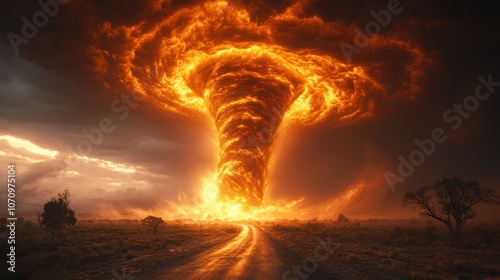 A fiery tornado descends upon a desolate landscape, its fiery vortex threatening the lone road that stretches into the distance. photo