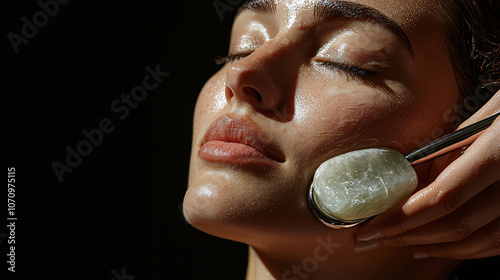 Feminine beauty with flawless skin, receiving a stone roller massage at a spa, her face glowing with health and relaxation, set against an isolated background