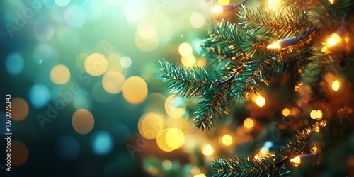 A beautifully lit Christmas tree close-up. The vibrant green branches are adorned with glowing lights. Perfect for holiday decor, celebrations, and winter vibes. AI