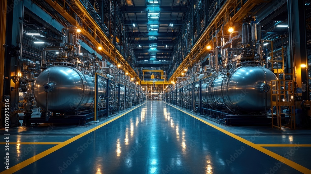 Industrial interior of a factory with large metal tanks and pipes. Industrial interior of a factory with large metal tanks and pipes.