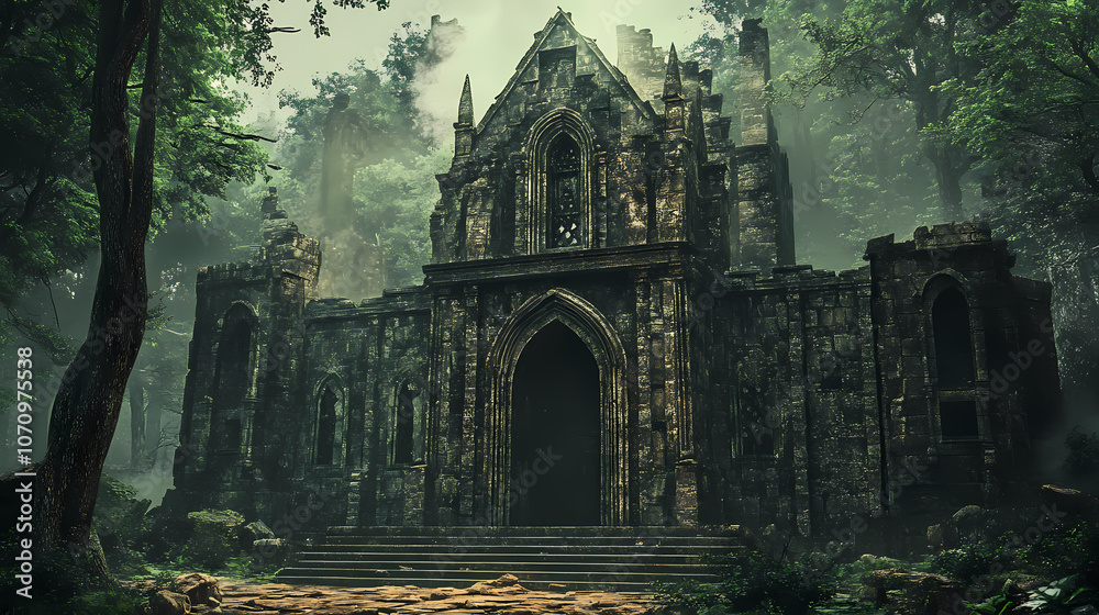 Dark and creepy old ruined medieval fantasy temple. 3d illustration. Fantasy. Illustration