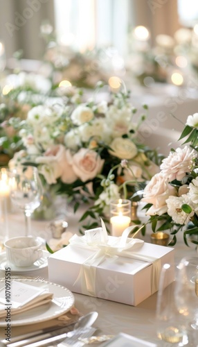 Elegant Wedding Table Setting with Gift Box and Floral Arrangements