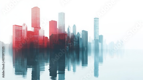 Misty Skyline with Reflections of Iconic Skyscrapers in a Calm, Serene Atmosphere