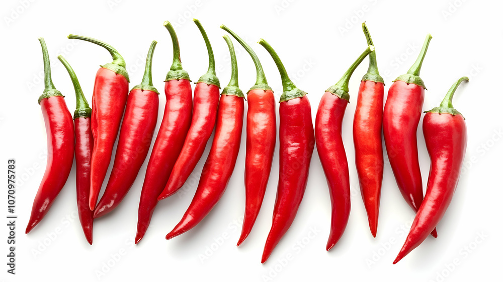 A row of 12 red chili peppers against a white background. A row of 12 red chili peppers against a white background.