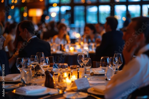 Elegant Business Networking Dinner with Attendees Engaged in Conversations and Connections