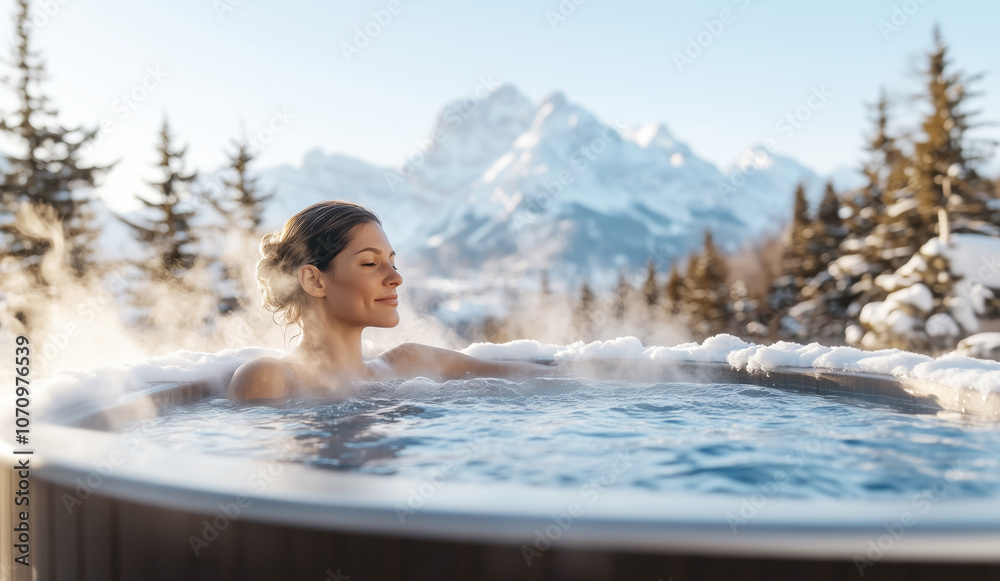 Serene scene with relaxed woman in outdoor hot tub with steam rising. Resort surrounded by snow-covered mountain peaks under clear blue sky. Sunlight adds glow, creating tranquil, luxurious atmosphere Serene scene with relaxed woman in outdoor hot tub with steam rising. Resort surrounded by snow-covered mountain peaks under clear blue sky. Sunlight adds glow, creating tranquil, luxurious atmosphere