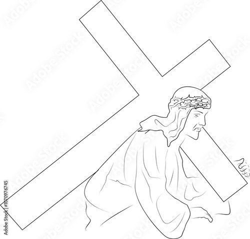 Jesus carries cross. Final torment of Jesus Christ before his crucifixion. Jesus, wounded and exhausted, carries a heavy wooden cross.