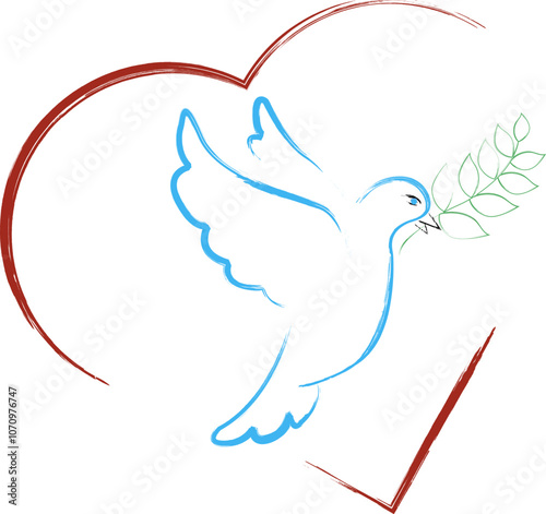 Dove peace. Symbol hope and striving for harmony. White dove holding an olive branch in its beak. New beginning and improvement of life. Bird of happiness.