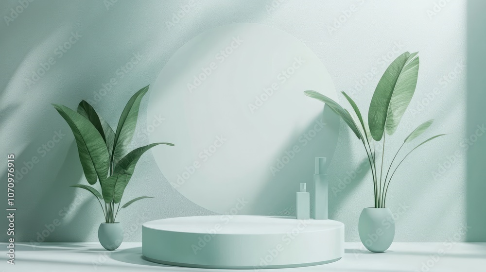 Minimalist display with plants and circular backdrop for product presentation. Minimalist display with plants and circular backdrop for product presentation.