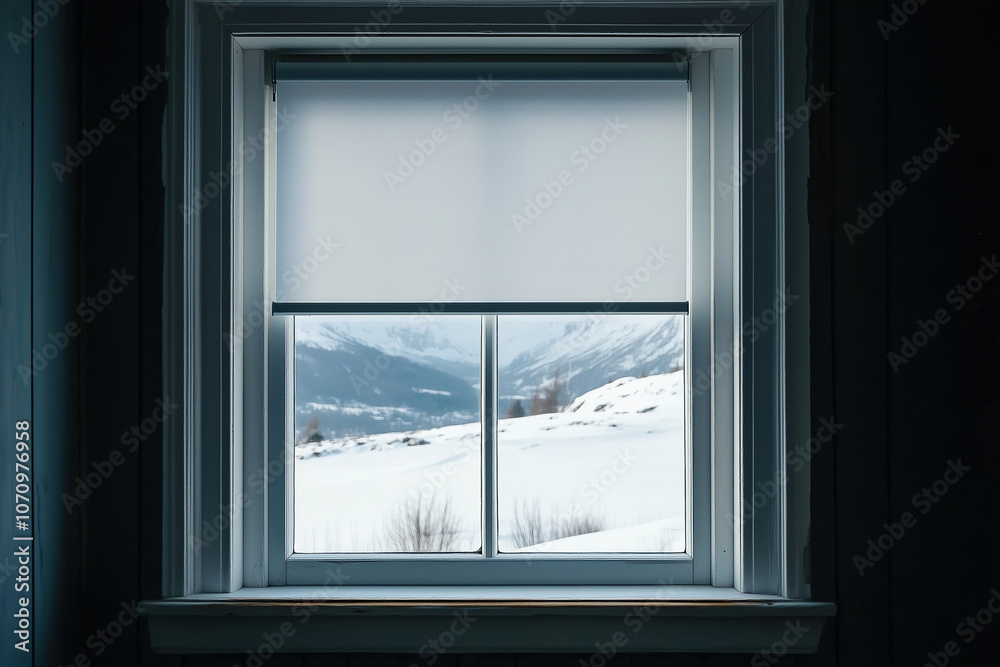 Fototapeta premium A cozy window view showcasing snow-covered mountains during winter from an indoor setting, capturing a serene landscape. Generative AI