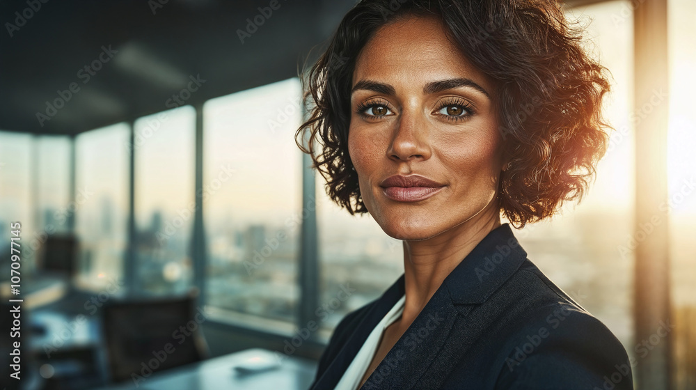 Bellissima donna di 45 anni con vestito elegante in un moderno ufficio con ampie vetrate e vista sulla città