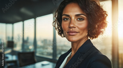 Bellissima donna di 45 anni con vestito elegante in un moderno ufficio con ampie vetrate e vista sulla città photo