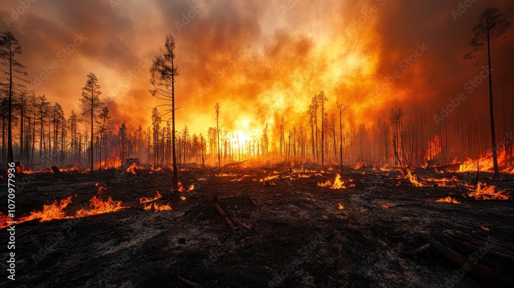 A forest fire burns with intense flames, casting an orange glow across the charred landscape. A forest fire burns with intense flames, casting an orange glow across the charred landscape.