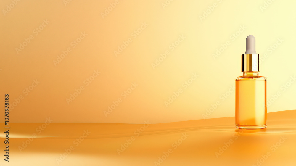 Naklejka premium Golden cosmetics liquid dropper and bottle, 3D rendering showcasing luxury skincare product design