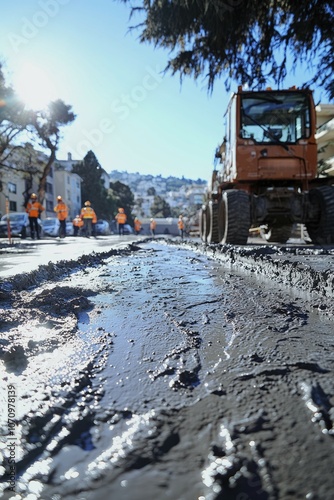 A Close-Up View of a Muddy Road After a Construction Vehicle Passed Through photo