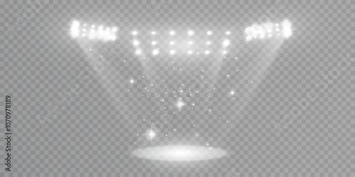 Spotlight effect. Stage lighting with bright LED strobe lights. Spotlights on a transparent background.	