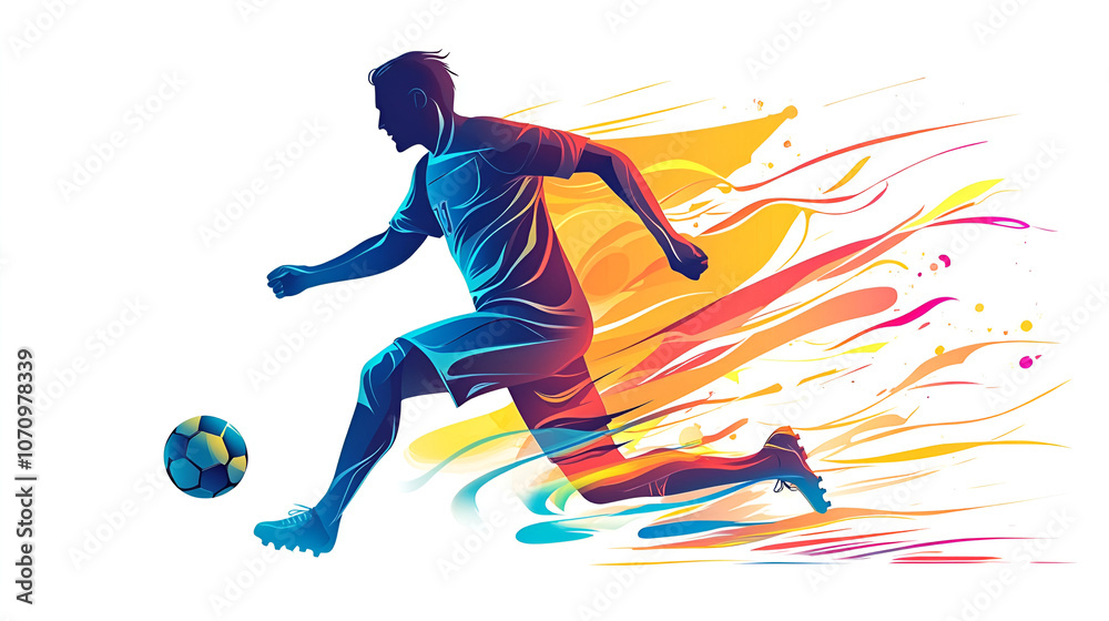 Colorful Soccer Player Sprinting with Paint Splash Effect, Artistic and Energetic Sports Design