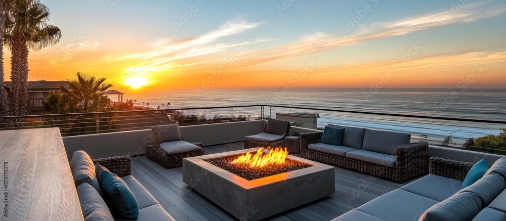 Fototapeta premium A modern patio with a fire pit overlooking the ocean during sunset.