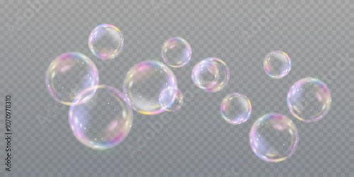Vector realistic soap bubbles with rainbow reflection isolated on transparent background. eps 10