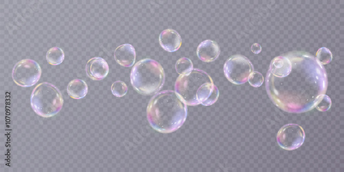 Vector realistic soap bubbles with rainbow reflection isolated on transparent background. eps 10