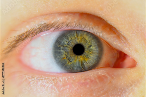 Close-up macro shot of a human eye showcasing unique details and a mix of colors in the iris, captured in high resolution to emphasize intricate patterns and textures...