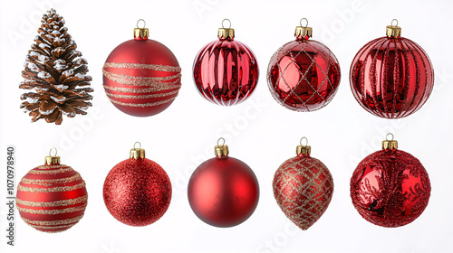 Realistic image of a set of sparkling Christmas ornaments and tree decorations, isolated on a white background, perfect for conveying festive holiday cheer