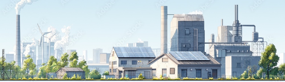 Obraz premium Sustainable energy illustration with wind turbines and solar panels