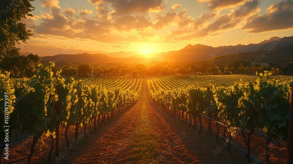 Naklejka premium Golden Sunset Over Vineyard Rows
